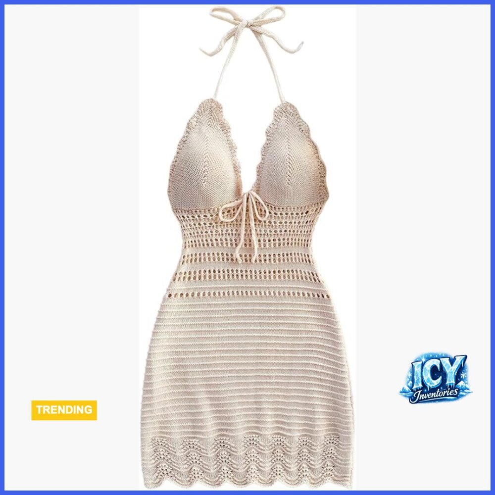 Crochet Halter Mini Dress Backless Bodycon Beach Sundress